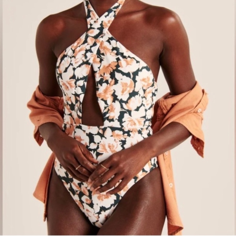 Abercrombie & Fitch Floral One-Piece Swimsuit in Black, White & Peach